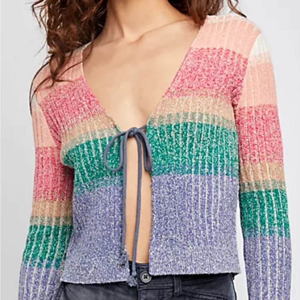 Free People Trouble Maker Tie Front Cardigan Rainbow Boho Cropped Festival GNO M